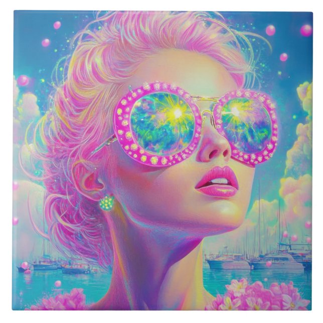 Mulher Neon Glamorosa com Óculos Espumantes (Frente)