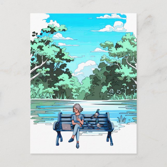 Mulher no banco de dados com cartão postal Design  (Frente)