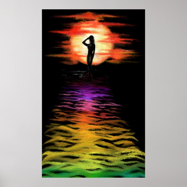 Mulher no mar Sunset Poster - Pintura (Frente)