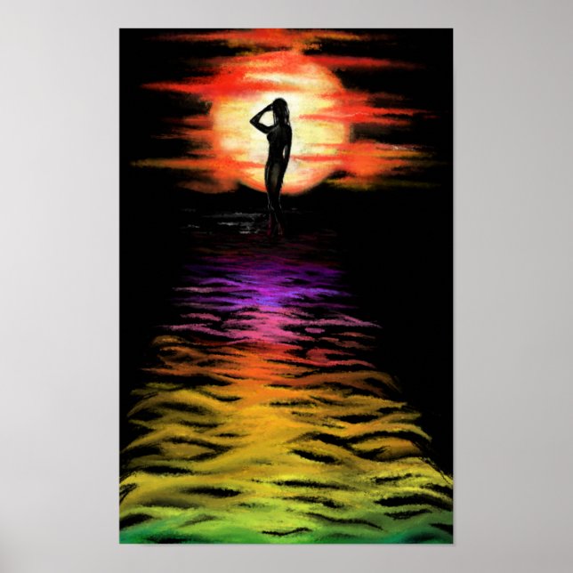 Mulher no mar Sunset Poster - Pintura (Frente)
