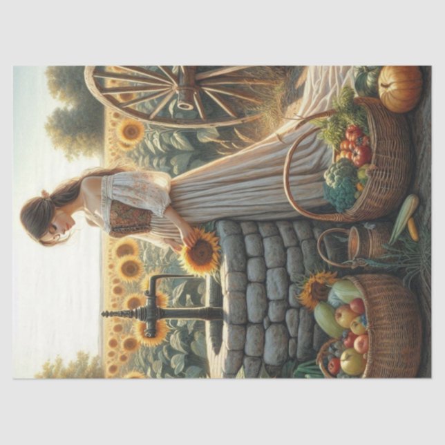 Mulher no poço Girassóis 1 Papel de Tecido (Frente )