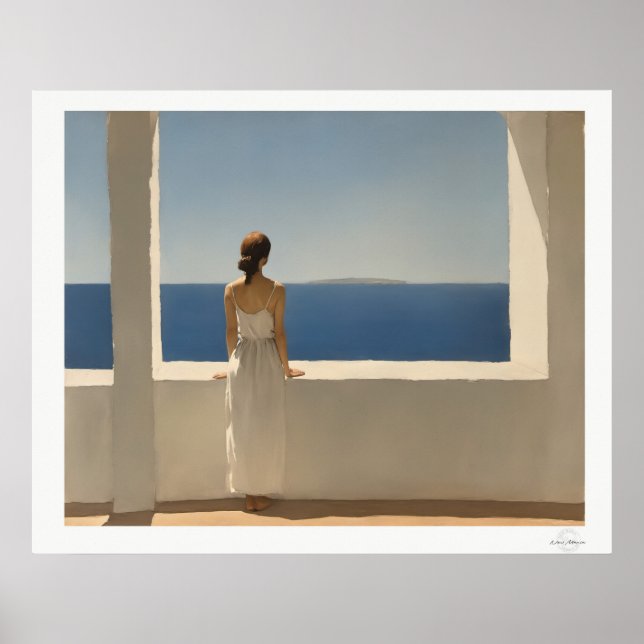 Mulher no Terraço com Vista para o Mar Poster (Frente)