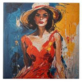 Mulher no vestido de coquetel vermelho