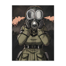 Mulher num cartão postal de máscara a gás