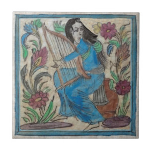 Mulher pintada à mão com Harp Persian Antique Repr