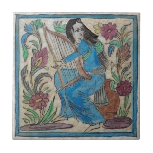 Mulher pintada à mão com Harp Persian Antique Repr (Frente)
