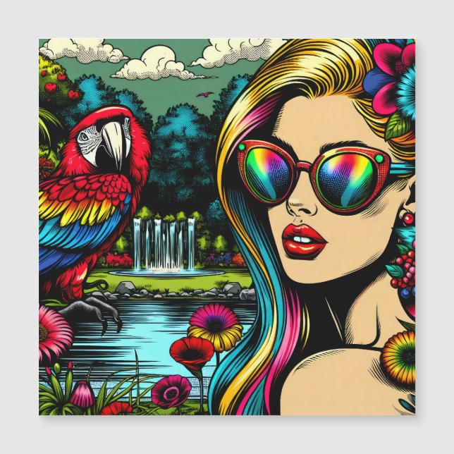 Mulher Retro e Papagaio no Parque Pop Art (Frente)