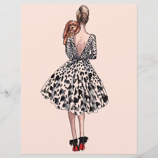 Mulher segurando uma ilustração de moda de cachorr (Frente)