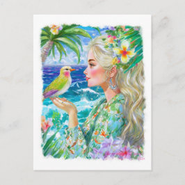 Mulher tropical com cartão postal de aves