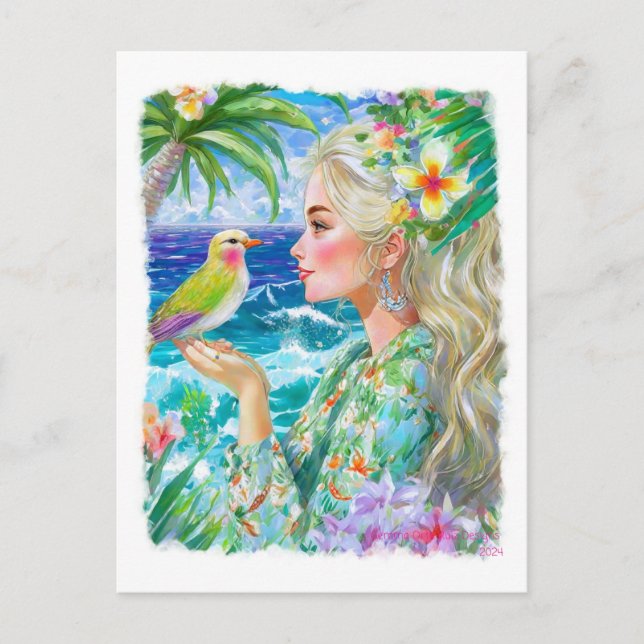 Mulher tropical com cartão postal de aves (Frente)