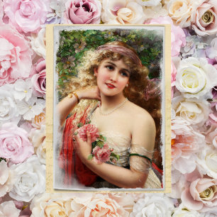 Mulher Vitoriana com Cartão Postal de Rosas Rosas