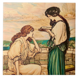 Mulheres Art Nouveau Vintage Lendo à Beira-Mar