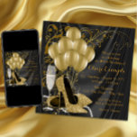 Mulheres Convites de festas de aniversários Dourad<br><div class="desc">Convite de aniversário preto e de ouro das mulheres, com belos calçados de salto alto com brilho dourado, balões de ouro, pérolas de champanhe e elegantes espirais de ouro num fundo de sutiã preto luxuoso. Este elegante convite de aniversário preto e dourado é facilmente personalizado para o seu evento simplesmente...</div>