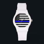 Mulheres magro com relógio de pulso azul - Traseir<br><div class="desc">Design especial para as mulheres: Thin Bl;ue Line Wrist watch em diferentes variações - escolha entre diferentes designs de observação. Design pelo PatrioticSource - Concebido para todas as mulheres valiosas que são policiais e que nos protegem dia e noite. Consulte também nosso Compro de linha azul no site patrioticsource.com</div>