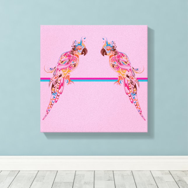 Multicolored Parrots on Pink Canvas Print  (Insitu(piso de madeira))