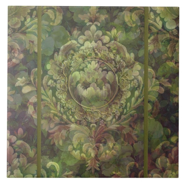 Múltiplos tons de damasco floral verde (Frente)