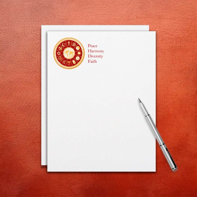 Mundo da Faith Letterhead (Customize with your organization or message. Gold symbols of global religions surround a world map.)
