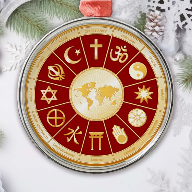 Mundo do Ornamento da Fé (Gold symbols of international religions surround a world map. )