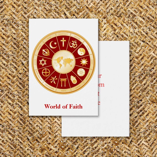 Mundo do poderoso Cartão de visita da Fé (World of Faith Flat Greeting Card. Gold symbols of international religions surround a world map. )