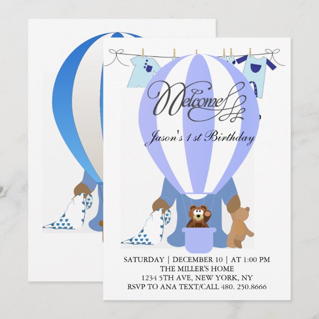 Mundo dos Balões Azuis Primeiro Convite de Anivers (Frente/Verso)