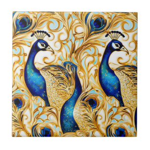 Mural de arte de ave pavão dourado azul branco na 