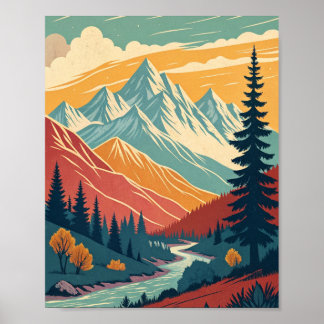 muralha arte poster retro montanhas cores vibrante