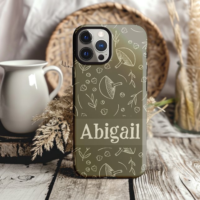 Mushroom Sage Green Woodland Design Funky Boho (cottagecore mushroom personalized phone case)
