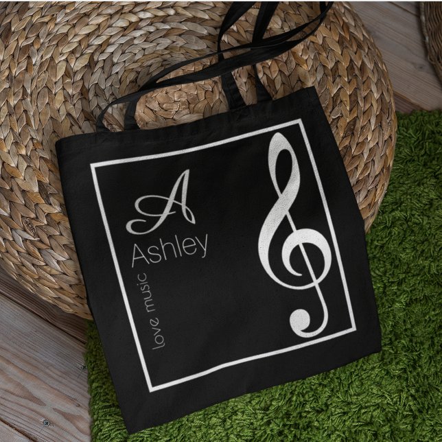 Music Black Tote Bag Na moda Monograma (love music)