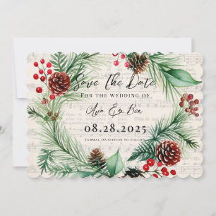 Music Red Berry Wreath Weding The Date Card