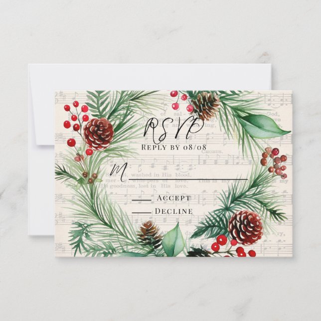 Música de Natal Red Berry Wreath Weding RSVP Card (Frente)