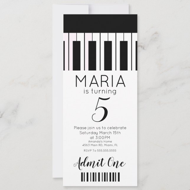 Música de Piano Fofa   Convite de Festa Estilo Bil (Frente)
