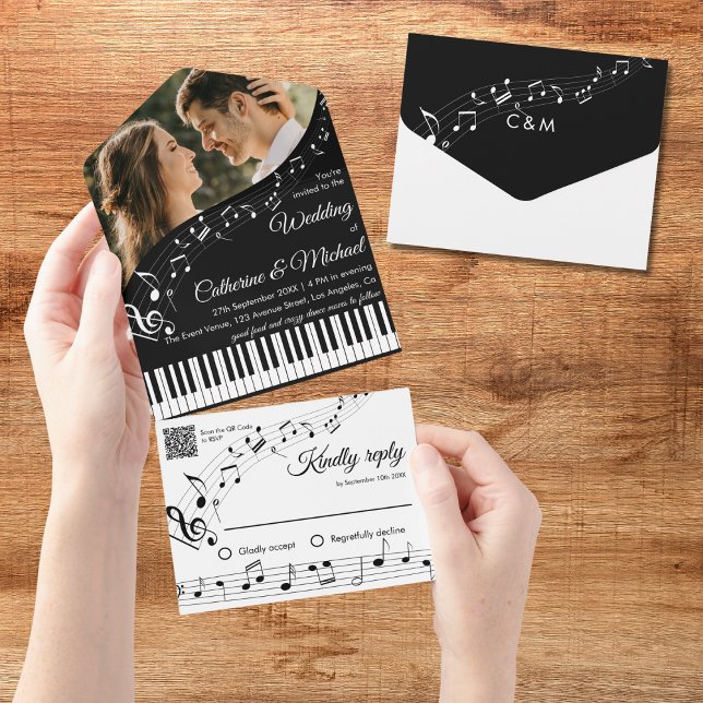Música de Piano Foto Preto e Branco Código QR Casa (Top view romantic piano keys with orchestra grand piano love story wedding trifold invitation)