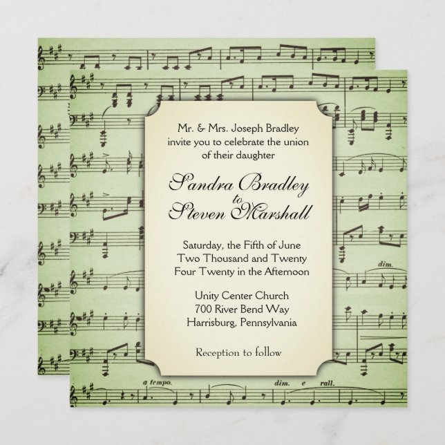 Música Tema Casamento Convite Verde (Frente/Verso)