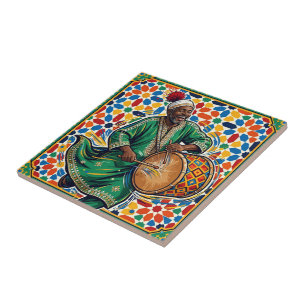 Músico Vibrante Marroquino Gnawa com Mosaico Zelli