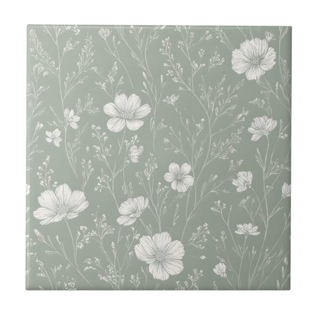Muted Sage Green And White Wildflower Pattern (Frente)