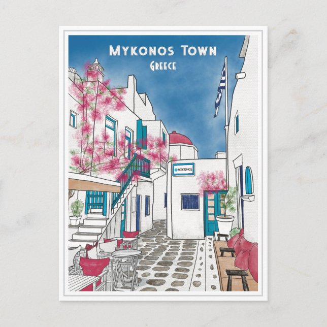 Mykonos Town Grécia Cartão Postal de Desenho de Vi (Frente)