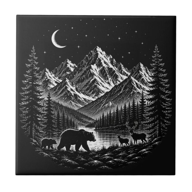 Mystic Mountain Wilderness Night Estilo Linocut (Frente)