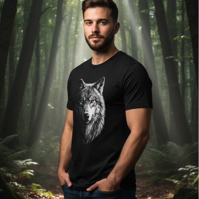 Mystic Wolf Face Heterochromia Eyes Unisex Tee (Criador carregado)