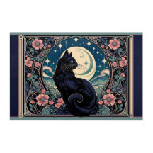 Mystical Black Cat Art Nouveau AcrynImpressão