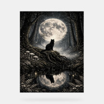 Mystical Black Cat Under Full Moon Forest 