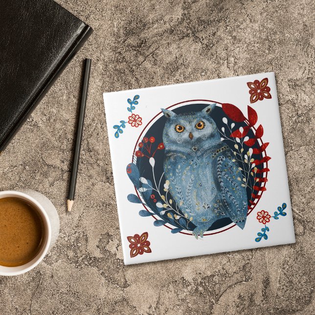 Mystical Blue Owl Red Leaves Folk Art (Criador carregado)