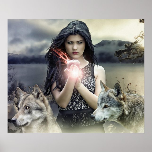 Mystical Girl with Fire Ball and Wolves Poster (Frente)