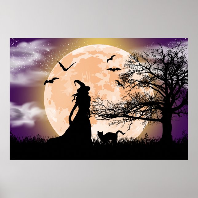 Mystical Witch, Black Cat, Full Moon Poster (Frente)