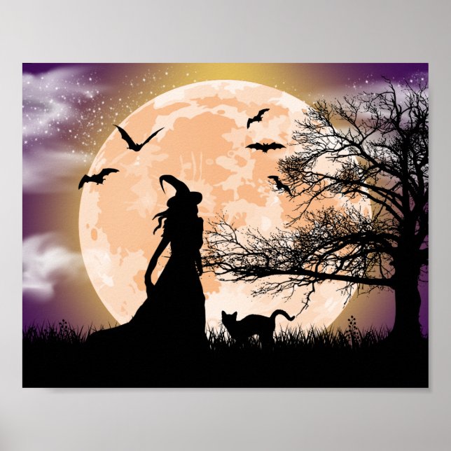 Mystical Witch, Black Cat, Full Moon Poster (Frente)