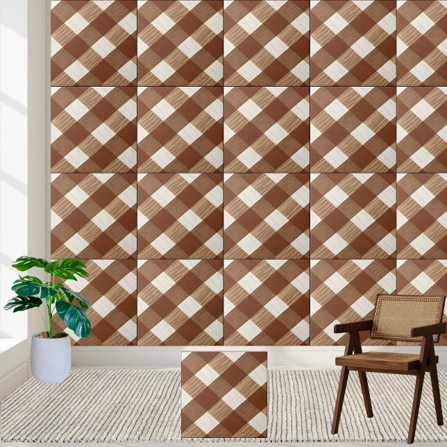 Na moda Brown e Azulejo de Grãos de Madeira Marrom (Stylish Brown and White Checkered Wood Grain Tile)