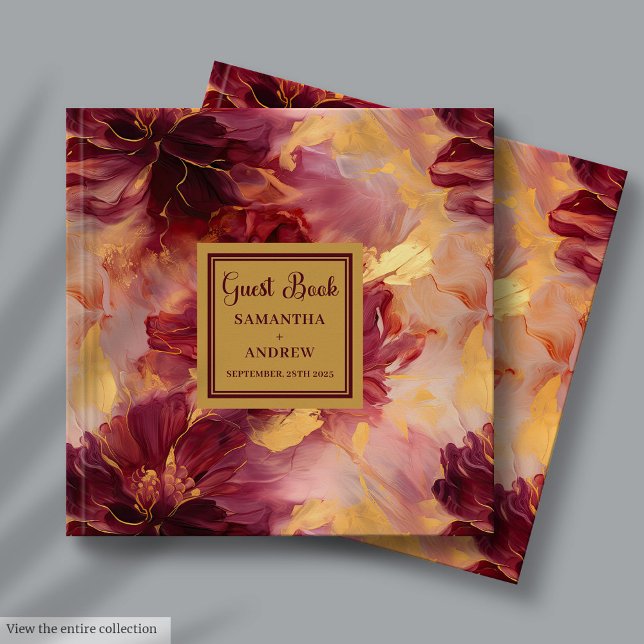 Na moda Burgundy Blush Dourado Livro de Convidados (Stylish Burgundy Blush Gold Wedding Guest Book for Signing)