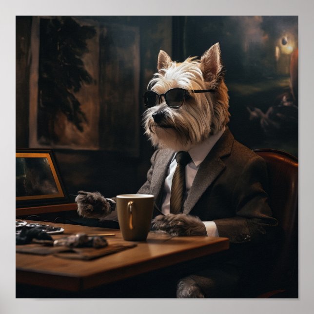 Na moda Cachorro num Poster de café com Bebendo (Frente)