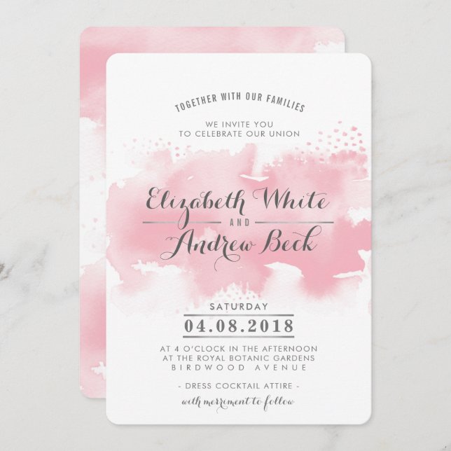 na moda convite de casamento aquarela cor rosa pin (Frente/Verso)