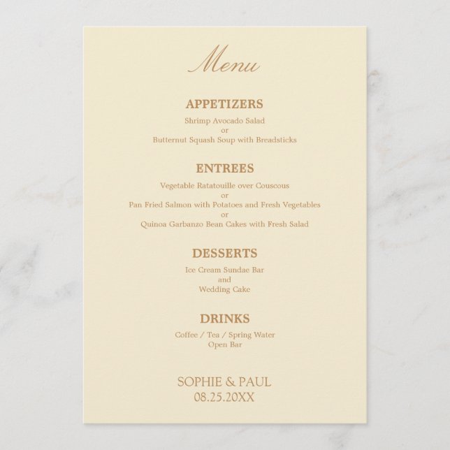 Na moda Cream Beige Wedding Menu (Frente)