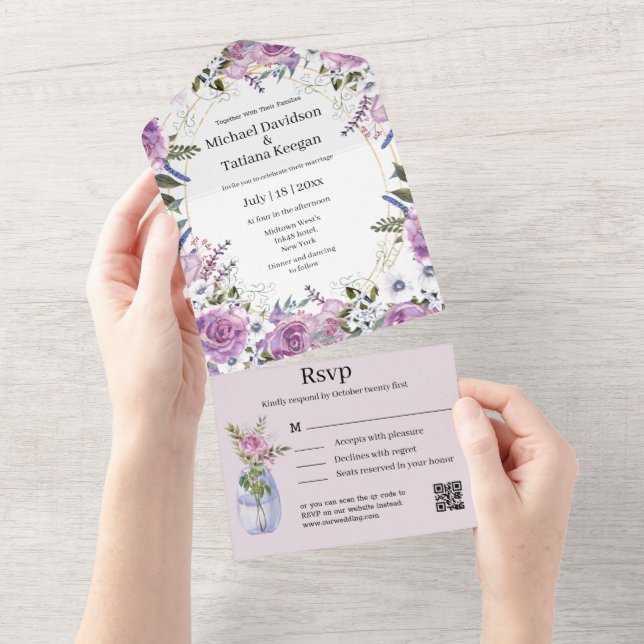 na moda d aquarela púrpura floral com código qr ca (Aba destacável)